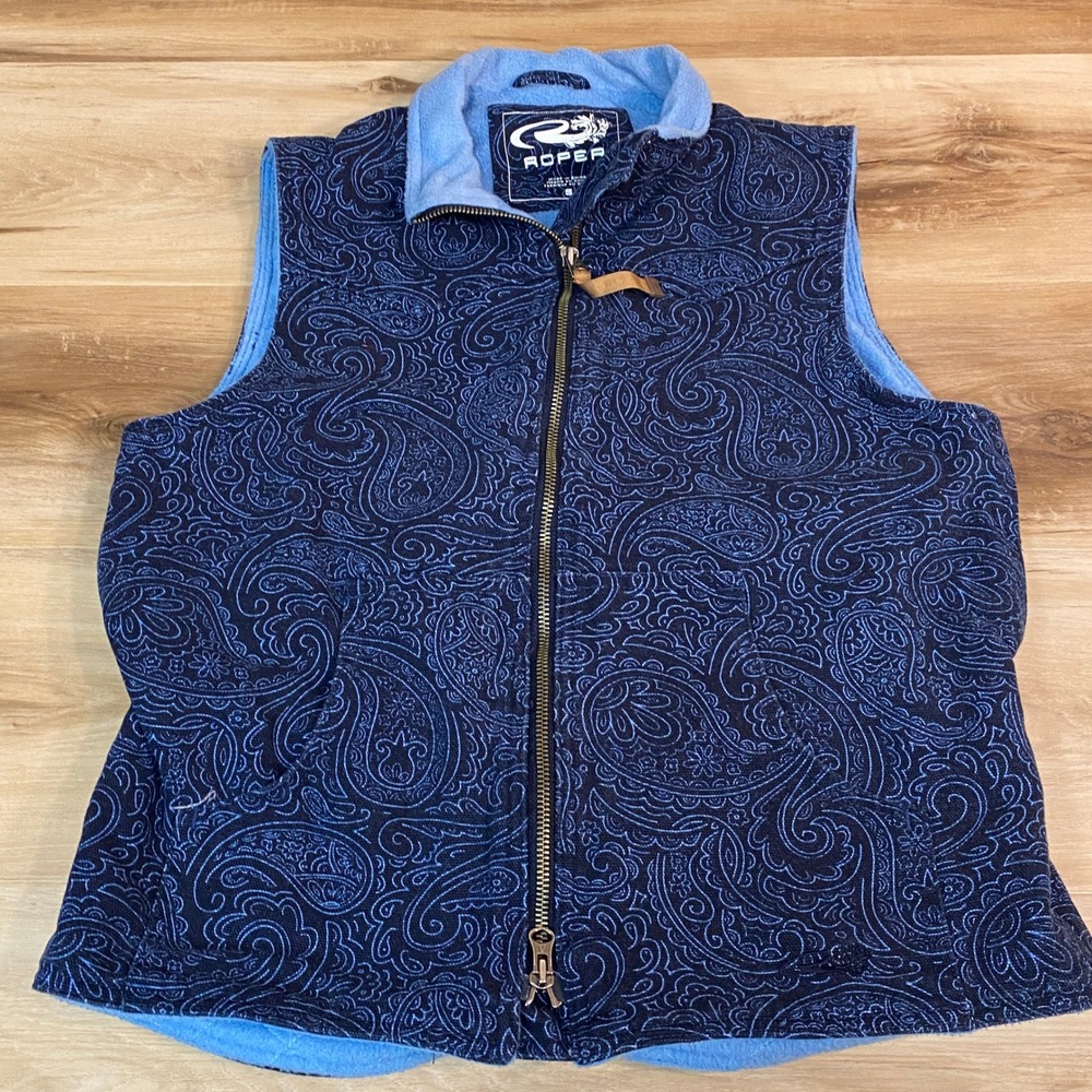 Roper Women's Blue Paisley Fleece Vest Size Small Fleece lined